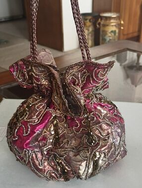 Gorgeous Vintage Magic Evening Bag Sequins Beads Drawstring Gold Burgundy